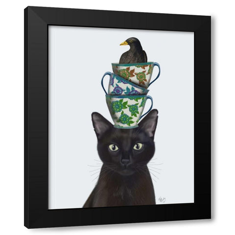 Black Cat with Teacups and Blackbird Black Modern Wood Framed Art Print with Double Matting by Fab Funky