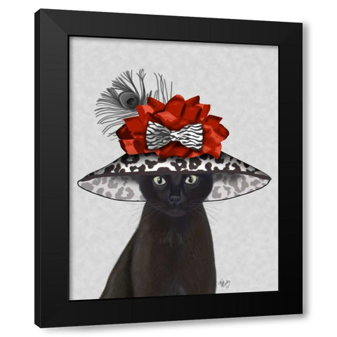 Cat, Black with Fabulous Hat Black Modern Wood Framed Art Print with Double Matting by Fab Funky