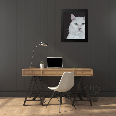 Cat, White Portrait on Dark Grey Black Modern Wood Framed Art Print by Fab Funky