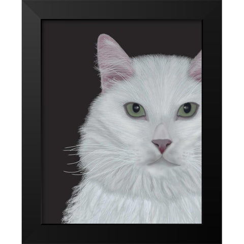 Cat, White Portrait on Dark Grey Black Modern Wood Framed Art Print by Fab Funky