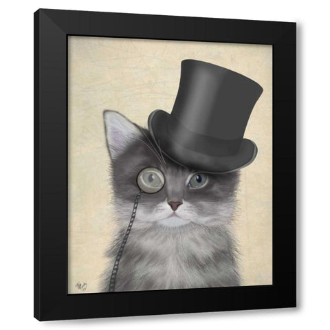 Cat, Grey with Top Hat Black Modern Wood Framed Art Print by Fab Funky