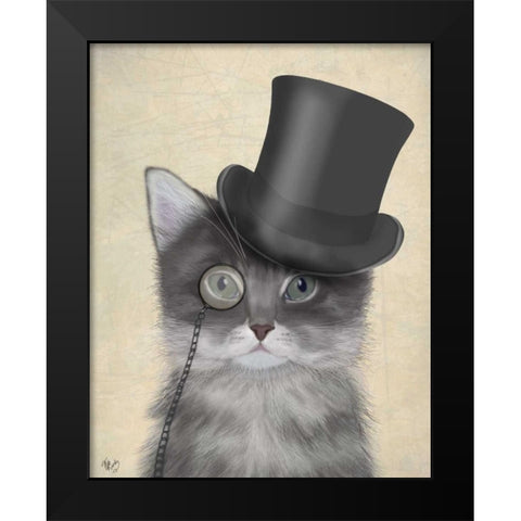 Cat, Grey with Top Hat Black Modern Wood Framed Art Print by Fab Funky