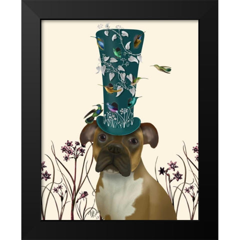 Boxer and Bird Hat Black Modern Wood Framed Art Print by Fab Funky