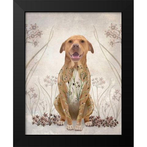 Pit Bull with Floral Tattoo Black Modern Wood Framed Art Print by Fab Funky