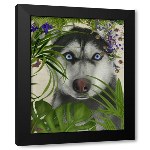 Tropical Husky Black Modern Wood Framed Art Print with Double Matting by Fab Funky