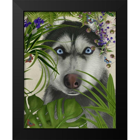 Tropical Husky Black Modern Wood Framed Art Print by Fab Funky