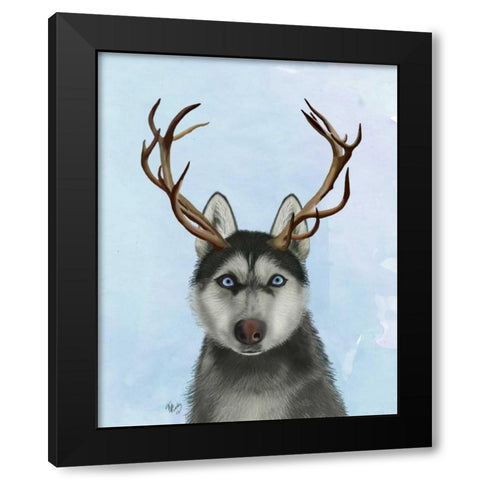 Husky and Antlers Black Modern Wood Framed Art Print by Fab Funky