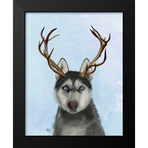 Husky and Antlers Black Modern Wood Framed Art Print by Fab Funky