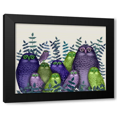 Electric Owls, Purple and Lime Black Modern Wood Framed Art Print by Fab Funky
