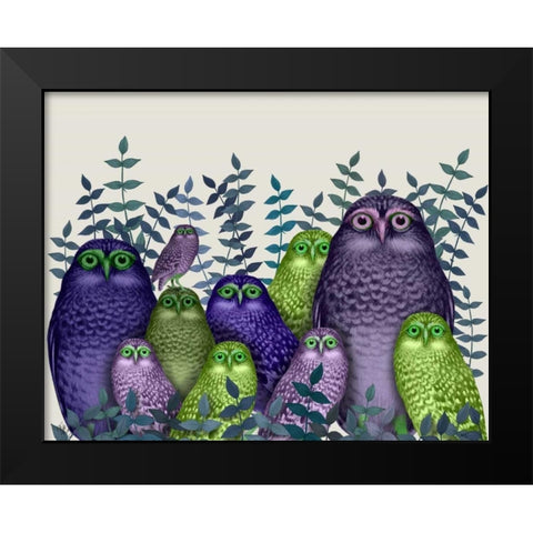 Electric Owls, Purple and Lime Black Modern Wood Framed Art Print by Fab Funky