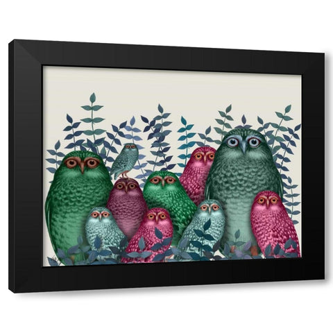 Electric Owls, Pink and Green Black Modern Wood Framed Art Print with Double Matting by Fab Funky