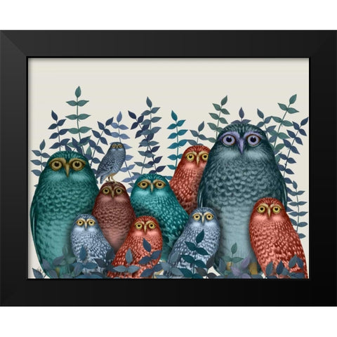 Electric Owls, Blue and Orange Black Modern Wood Framed Art Print by Fab Funky