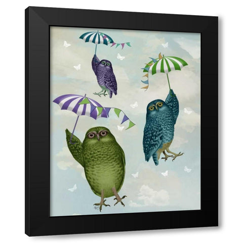 Owls with Umbrellas Black Modern Wood Framed Art Print by Fab Funky