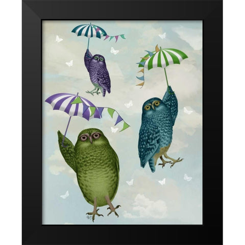 Owls with Umbrellas Black Modern Wood Framed Art Print by Fab Funky