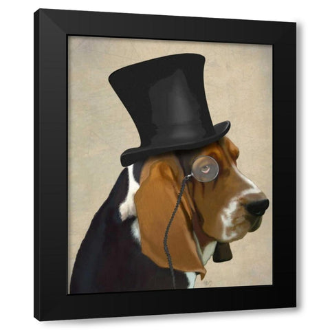 Basset Hound, Formal Hound and Hat Black Modern Wood Framed Art Print by Fab Funky