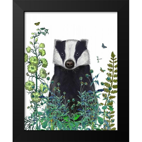 Badger In The Garden Black Modern Wood Framed Art Print by Fab Funky