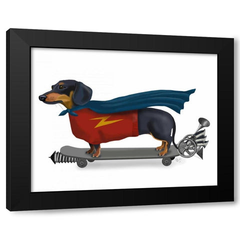 Dachshund On Skateboard Black Modern Wood Framed Art Print by Fab Funky