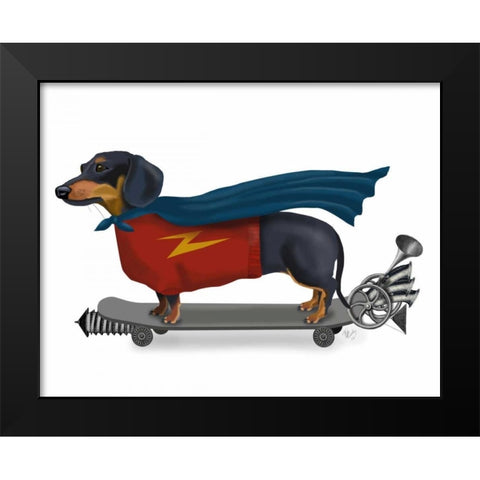 Dachshund On Skateboard Black Modern Wood Framed Art Print by Fab Funky