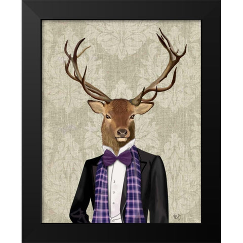 Deer in Evening Suit, Portrait Black Modern Wood Framed Art Print by Fab Funky