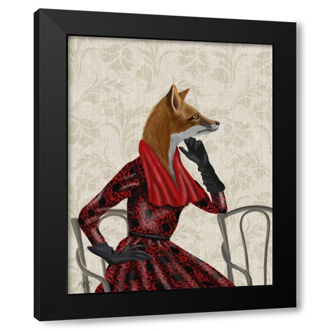 Fox with Red Scarf Black Modern Wood Framed Art Print by Fab Funky