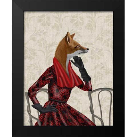 Fox with Red Scarf Black Modern Wood Framed Art Print by Fab Funky