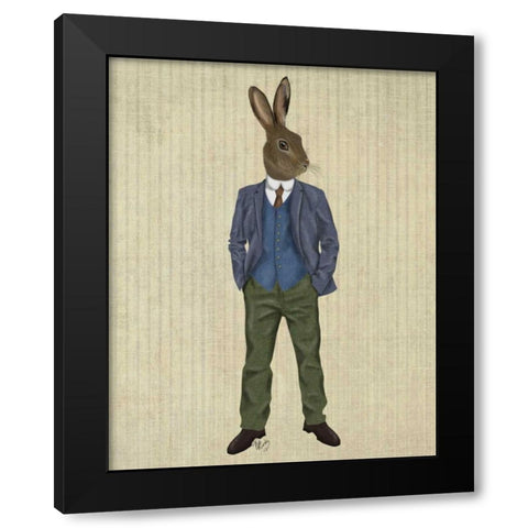 Rabbit in Blue Waistcoat Black Modern Wood Framed Art Print with Double Matting by Fab Funky