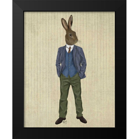 Rabbit in Blue Waistcoat Black Modern Wood Framed Art Print by Fab Funky