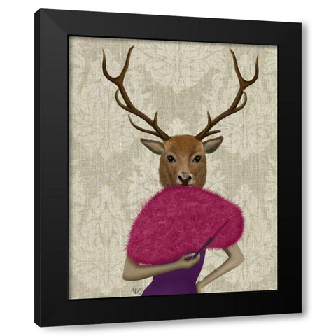 Deer with Fan, Portrait Black Modern Wood Framed Art Print by Fab Funky
