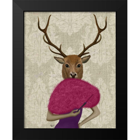 Deer with Fan, Portrait Black Modern Wood Framed Art Print by Fab Funky