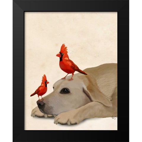 Labrador with Red Birds Black Modern Wood Framed Art Print by Fab Funky