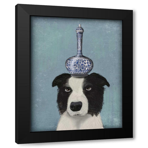Border Collie with Blue Vase Black Modern Wood Framed Art Print by Fab Funky