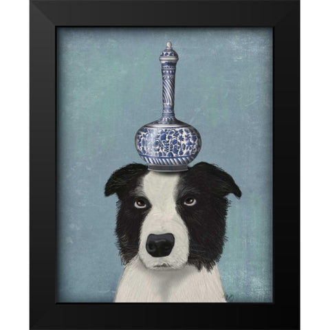 Border Collie with Blue Vase Black Modern Wood Framed Art Print by Fab Funky
