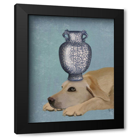 Labrador with Blue Vase Black Modern Wood Framed Art Print by Fab Funky
