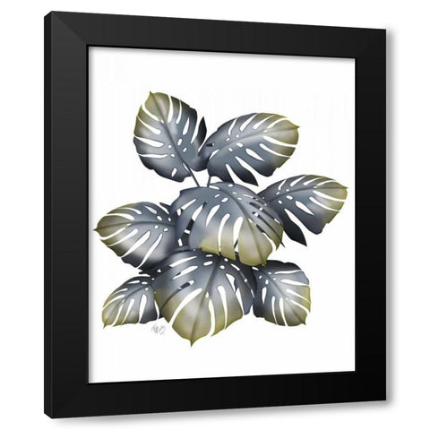 Monstera Plant, Grey and Gold Black Modern Wood Framed Art Print by Fab Funky