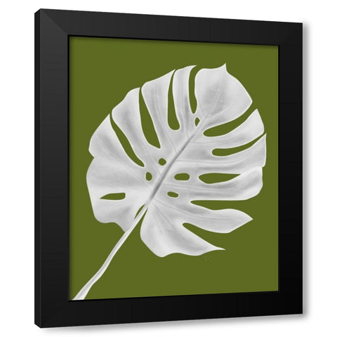 Monstera Leaf 1, White On Green Black Modern Wood Framed Art Print by Fab Funky