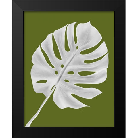 Monstera Leaf 1, White On Green Black Modern Wood Framed Art Print by Fab Funky