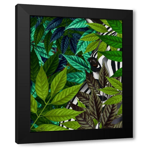 Zebra in Green Leaves Black Modern Wood Framed Art Print with Double Matting by Fab Funky