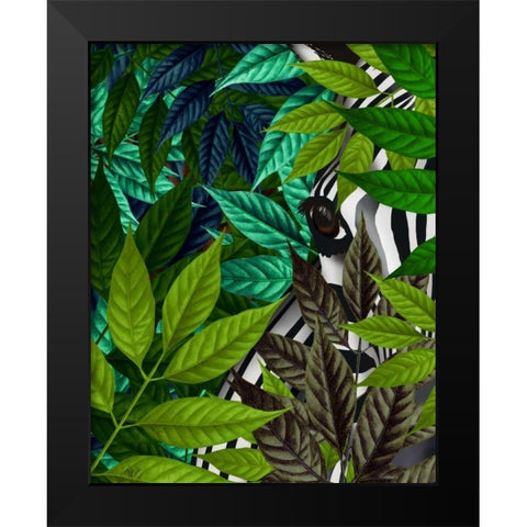 Zebra in Green Leaves Black Modern Wood Framed Art Print by Fab Funky