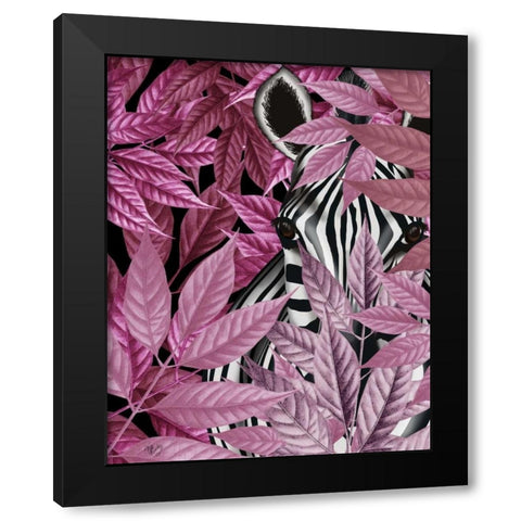 Zebra in Pink Leaves Black Modern Wood Framed Art Print with Double Matting by Fab Funky