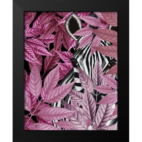 Zebra in Pink Leaves Black Modern Wood Framed Art Print by Fab Funky