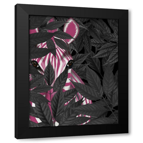 Zebra, Pink in Black Leaves Black Modern Wood Framed Art Print with Double Matting by Fab Funky