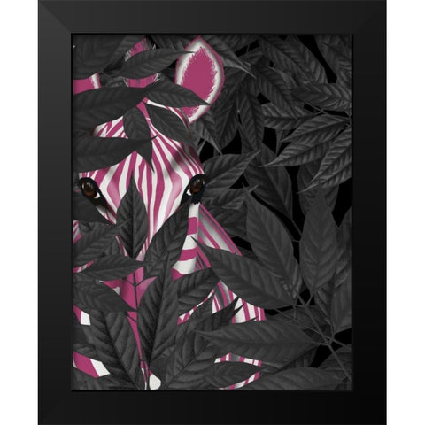 Zebra, Pink in Black Leaves Black Modern Wood Framed Art Print by Fab Funky