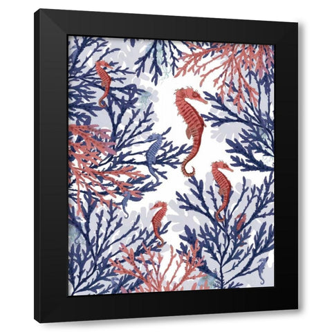 Coral and Seahorse, Pink and Blue Black Modern Wood Framed Art Print by Fab Funky