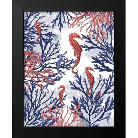 Coral and Seahorse, Pink and Blue Black Modern Wood Framed Art Print by Fab Funky