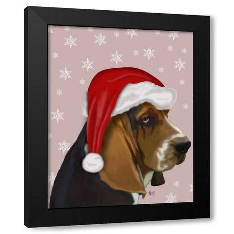 Basset Hound, Christmas Hat Black Modern Wood Framed Art Print by Fab Funky