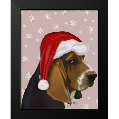 Basset Hound, Christmas Hat Black Modern Wood Framed Art Print by Fab Funky