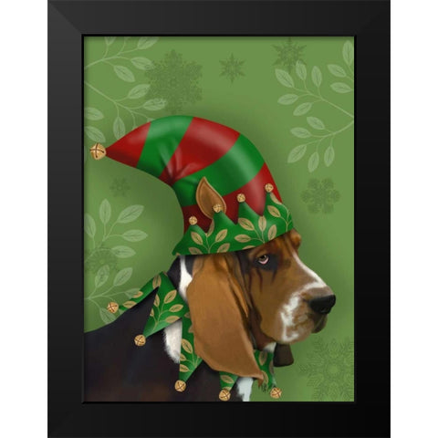 Basset Hound, Elf Hat Black Modern Wood Framed Art Print by Fab Funky