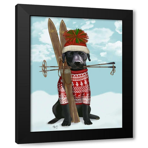 Black Labrador, Skiing Black Modern Wood Framed Art Print by Fab Funky