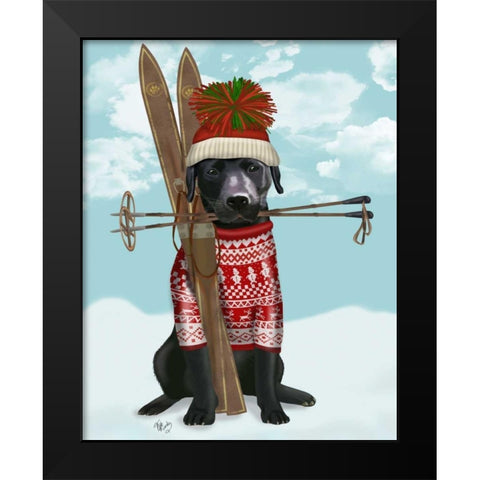 Black Labrador, Skiing Black Modern Wood Framed Art Print by Fab Funky