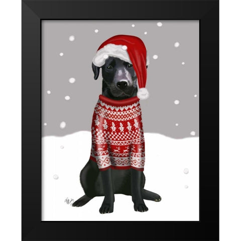 Black Labrador, Christmas Sweater 1 Black Modern Wood Framed Art Print by Fab Funky